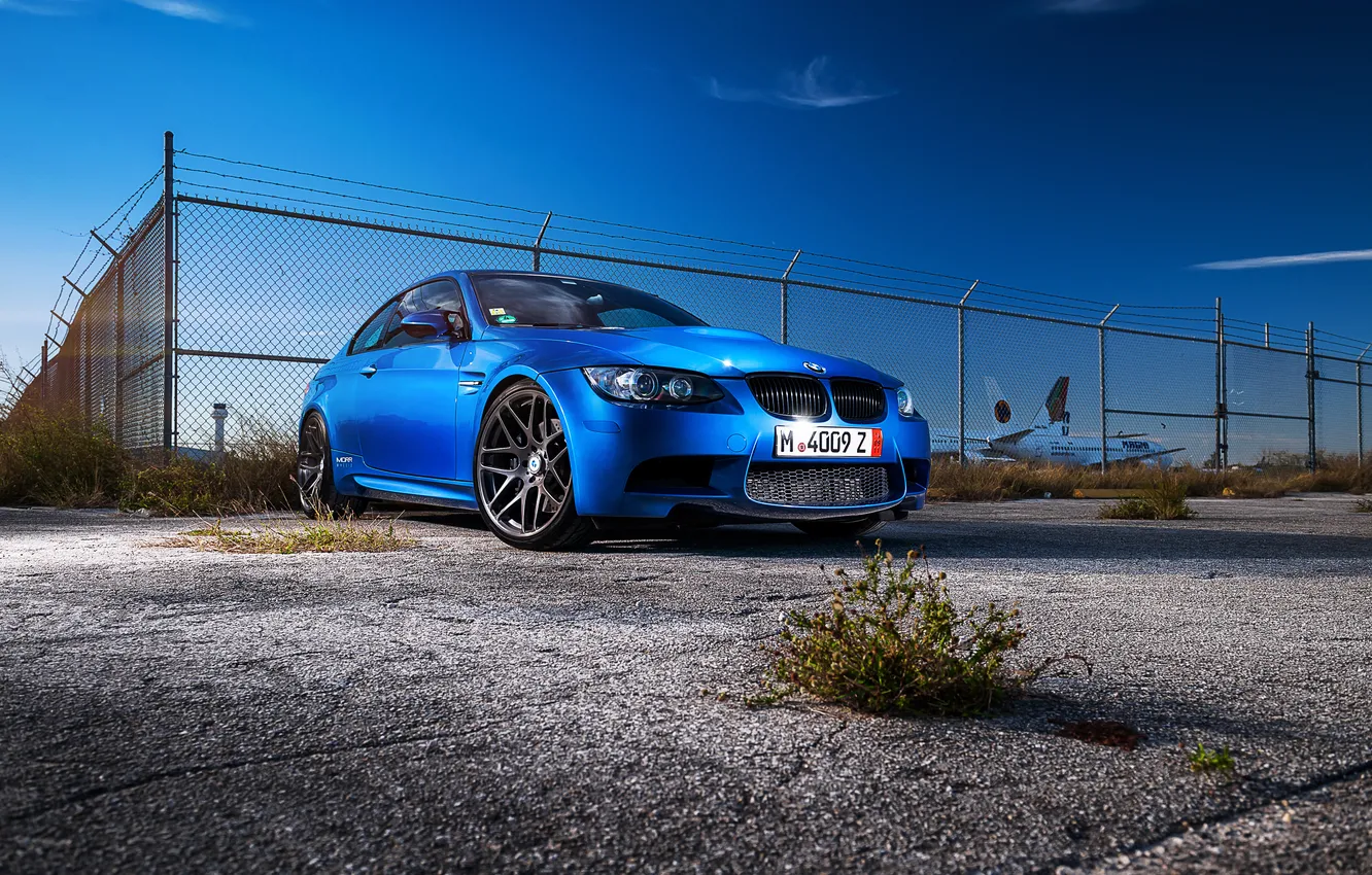 Фото обои синий, bmw, бмв, купе, вид спереди, blue, e92