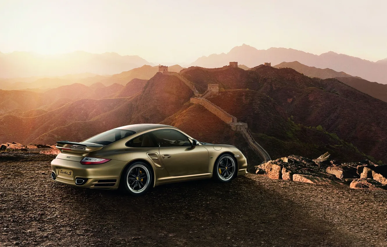 Фото обои пейзаж, закат, 911, Porsche, суперкар, порше, Turbo S, великая китайская стена