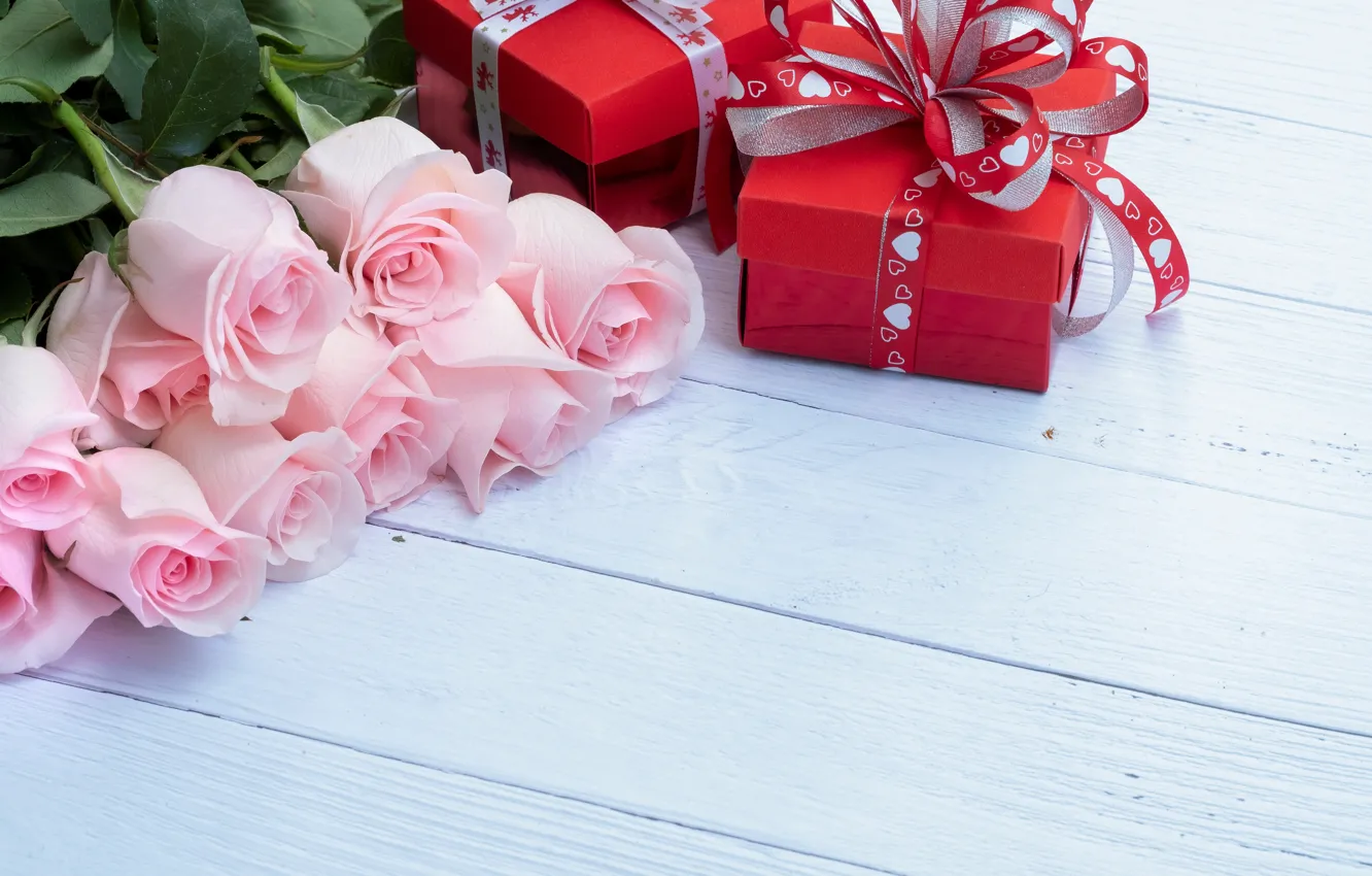 Фото обои розы, букет, подарки, розовые