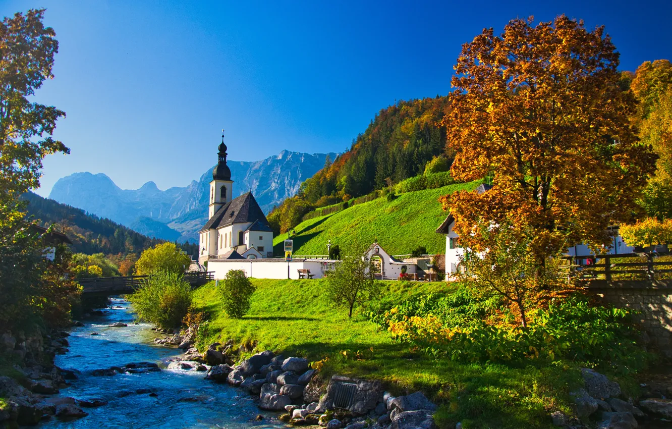 Фото обои осень, деревья, горы, река, Германия, Бавария, церковь, Germany