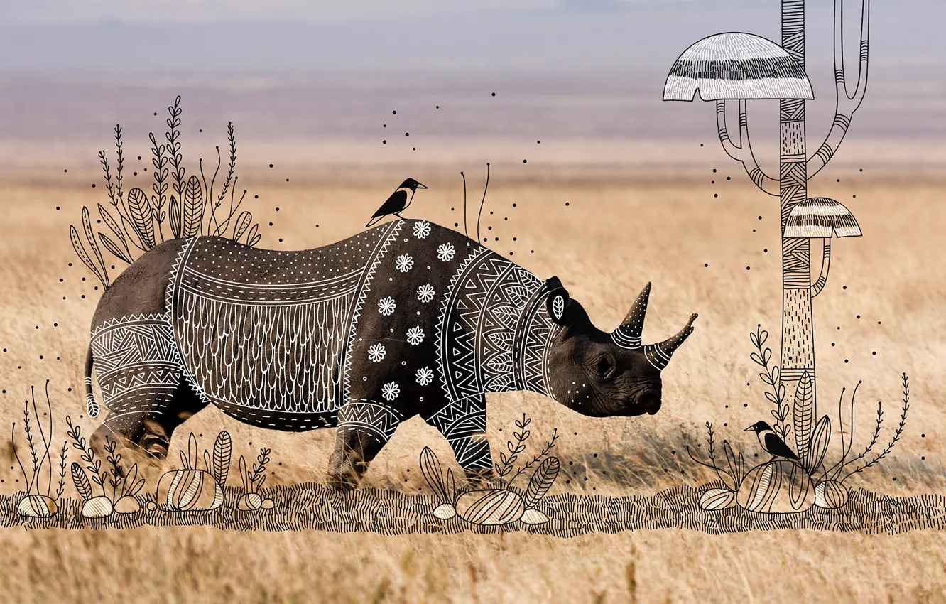 Фото обои трава, саванна, птички, носорог, ANIMAL DOODLES