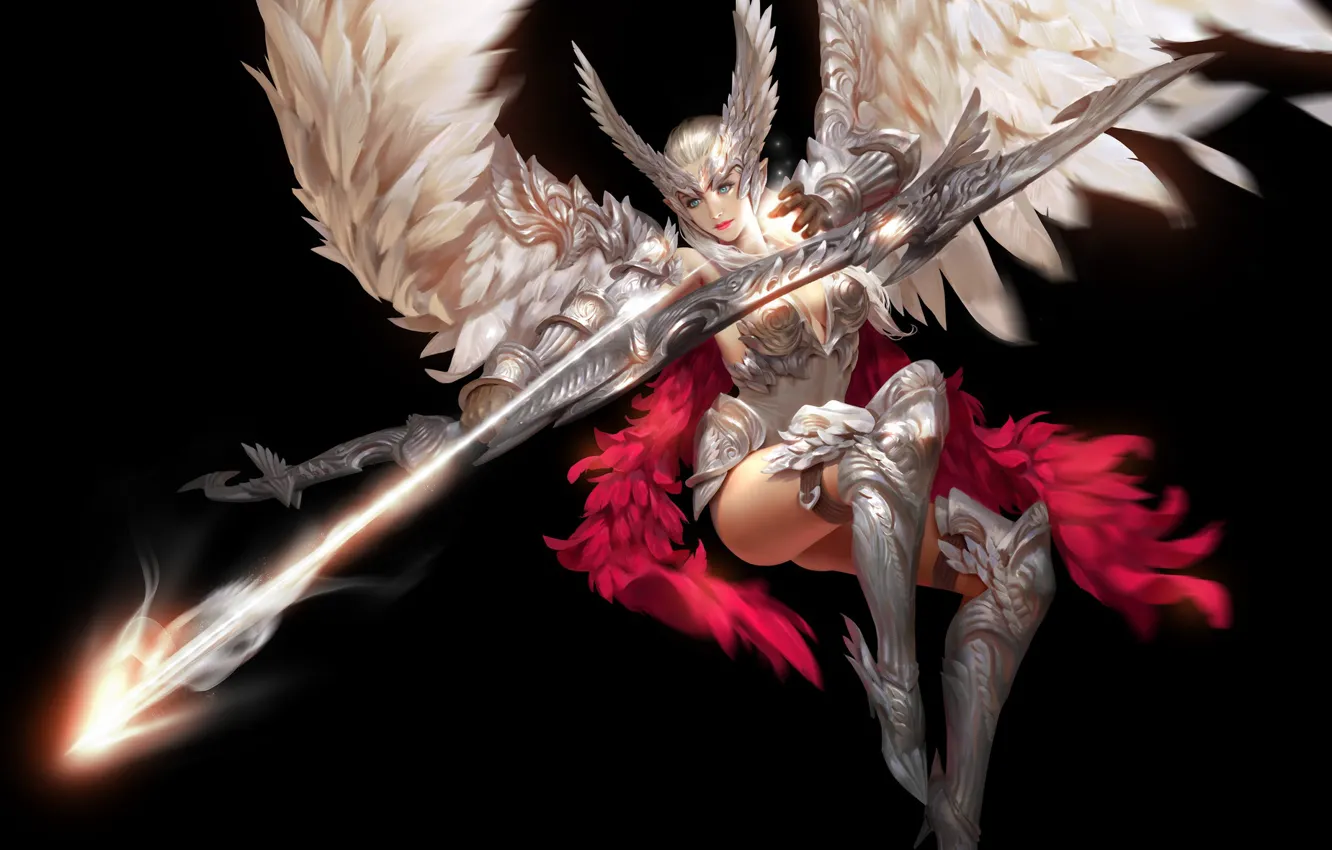Фото обои взгляд, девушка, поза, оружие, фон, крылья, перья, арт