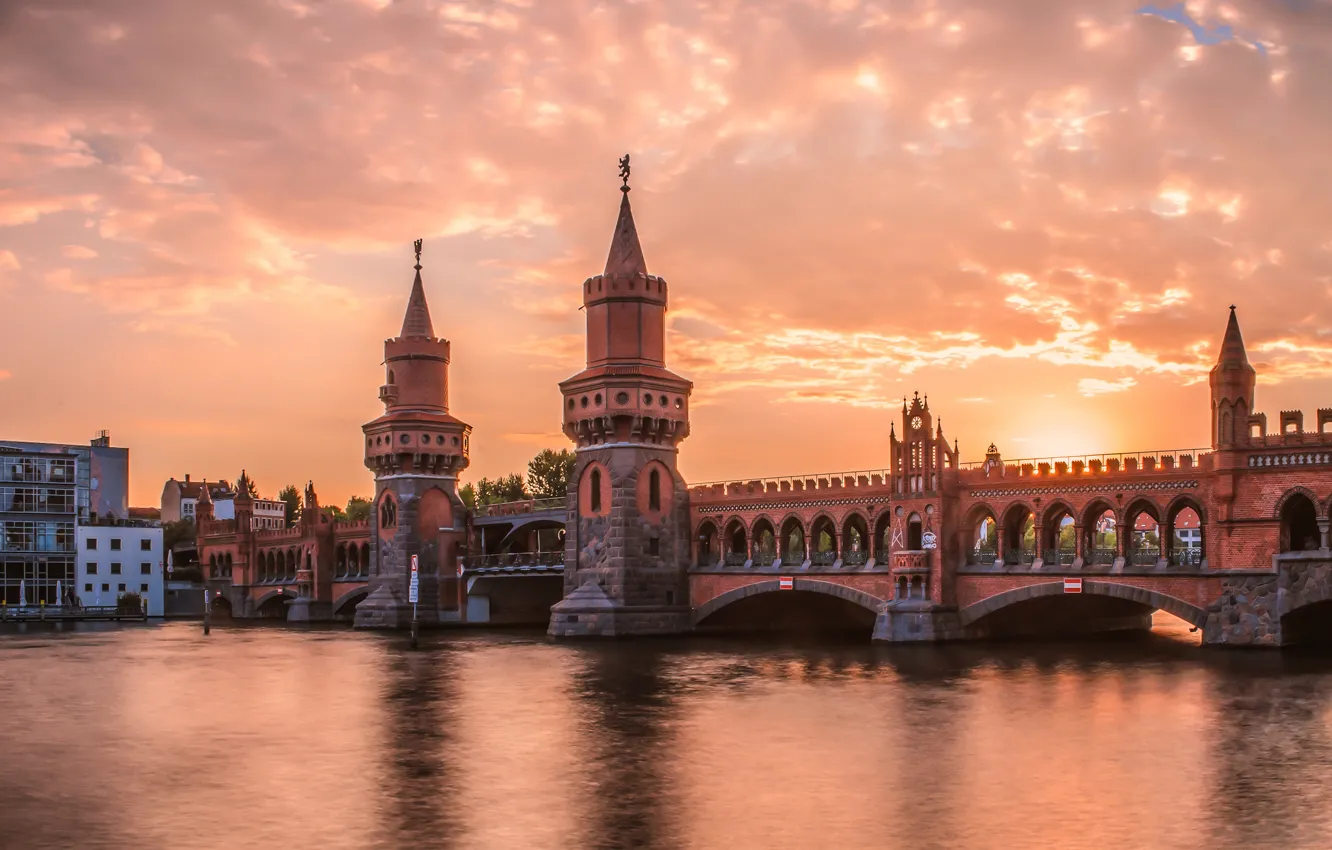 Фото обои закат, мост, река, вечер, Берлин, Oberbaumbrücke