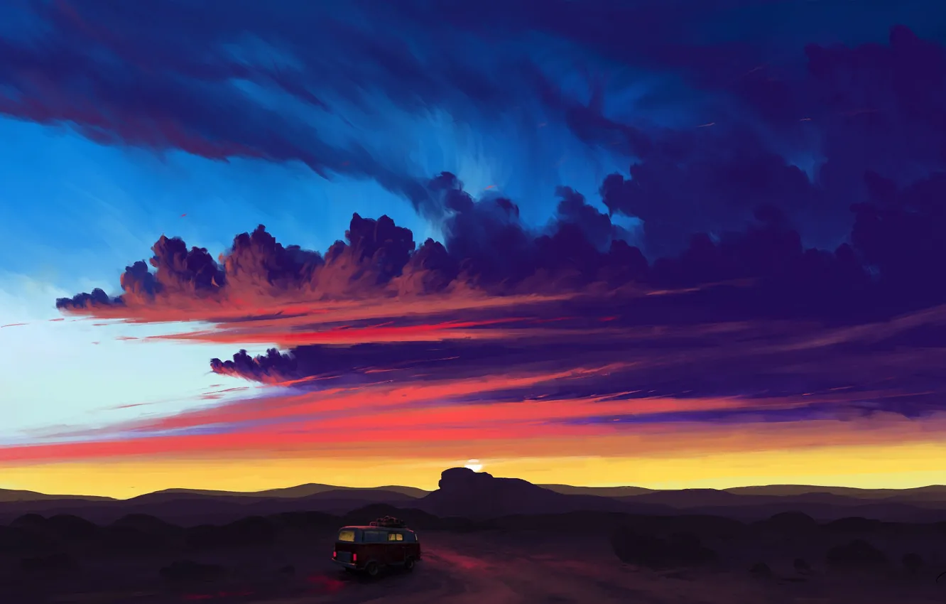 Фото обои car, twilight, sky, desert, landscape, sunset, art, clouds