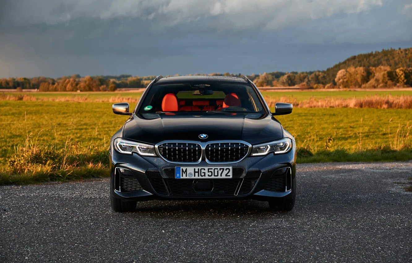 Фото обои чёрный, BMW, вид спереди, 3-series, универсал, 3er, 2020, 2019