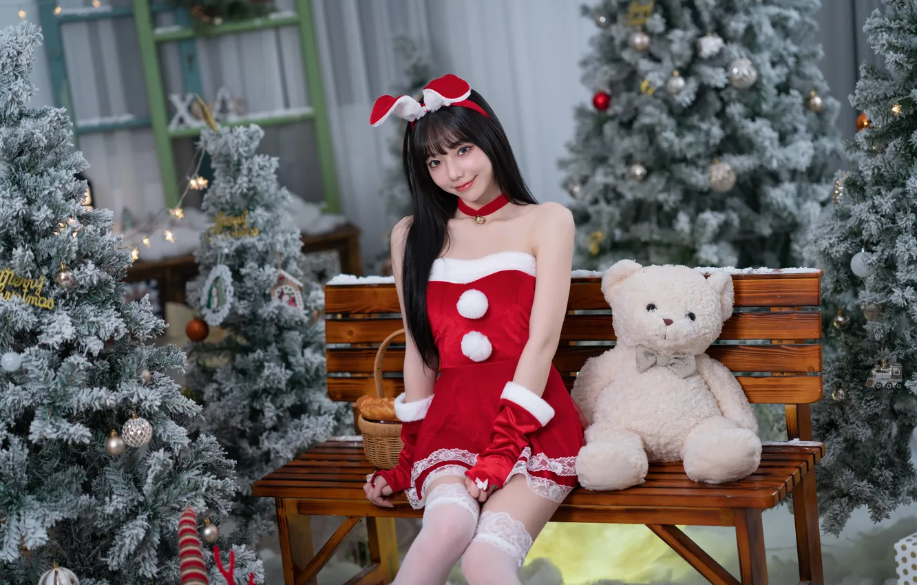 Фото обои девушка, мишка, азиатка