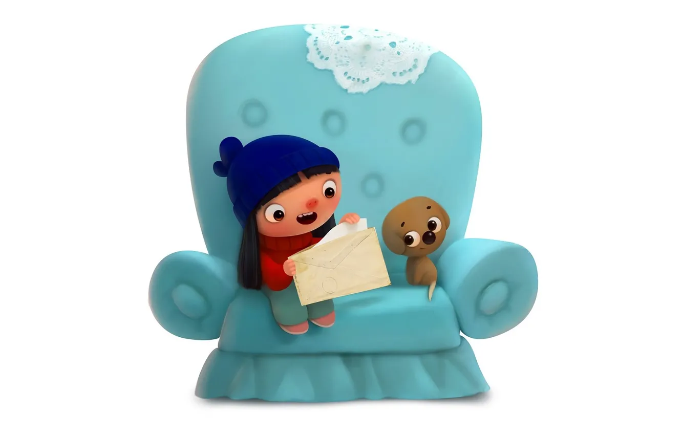 Фото обои письмо, радость, девочка, щенок, белый фон, конверт, сидит в кресле, вязаная шапочка