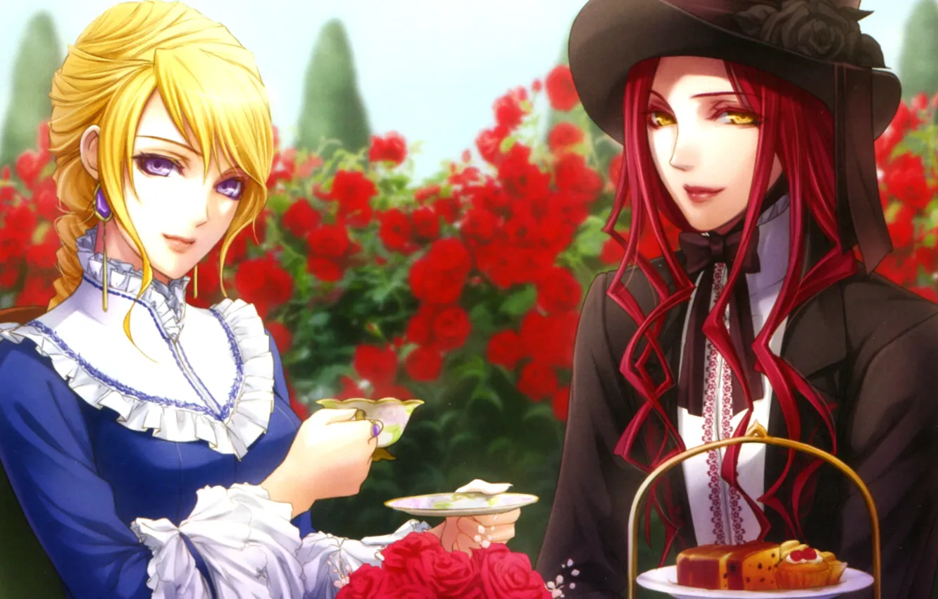 Фото обои чаепитие, красные волосы, черная шляпа, розовый сад, will o`wisp, gyl, парень с девушкой, gloria mcfarlane