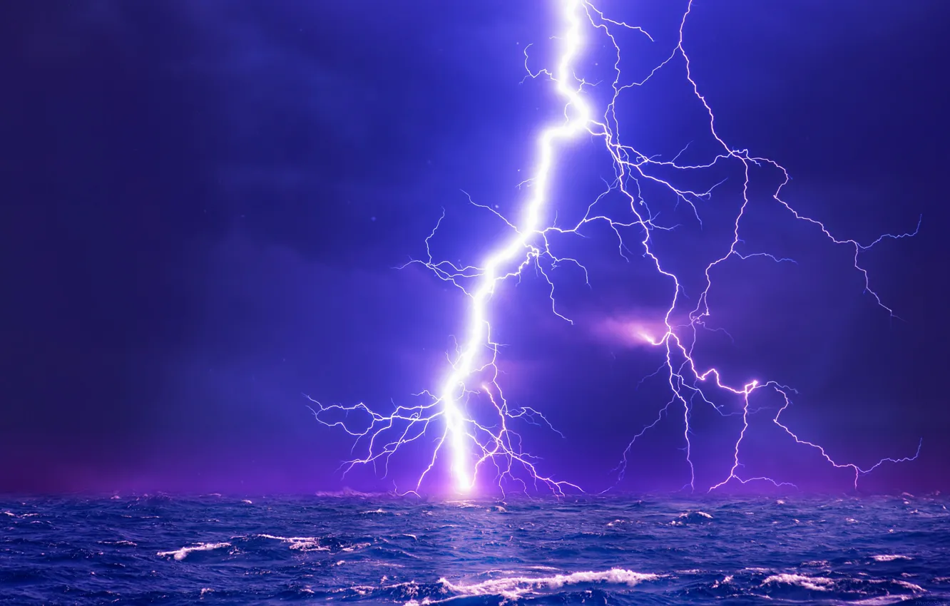 Фото обои волны, небо, океан, молния