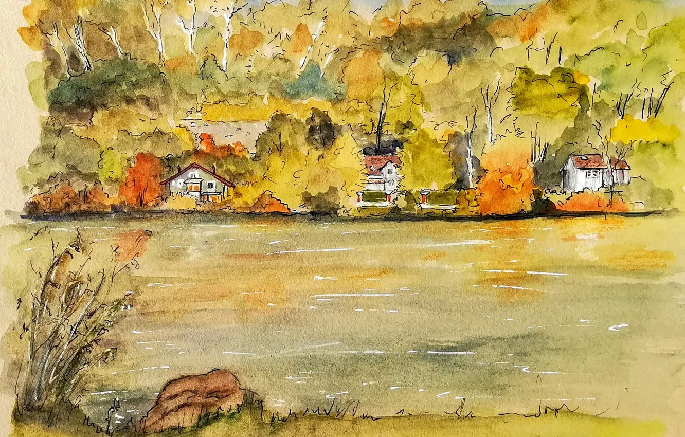 Фото обои осень, деревья, пейзаж, дом, река, рисунок, акварель