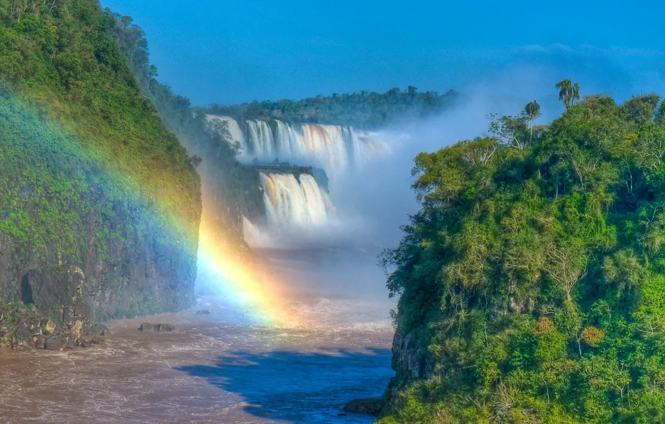 Фото обои горы, водопад, радуга, джунгли
