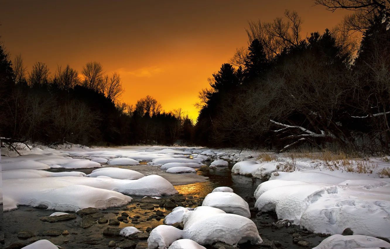 Фото обои зима, пейзаж, закат, природа, река