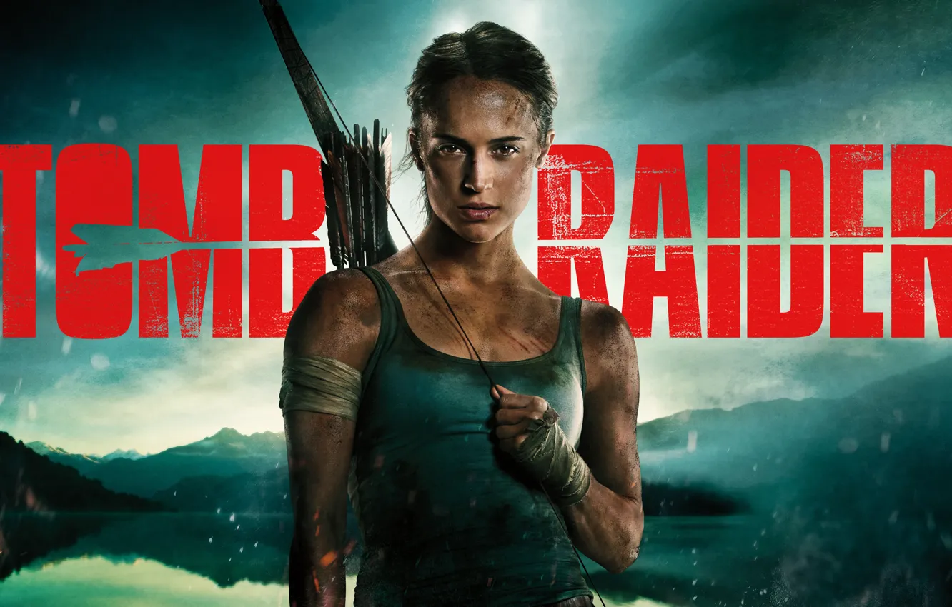Фото обои девушка, пейзаж, фон, надпись, майка, лук, Tomb Raider, Лара Крофт