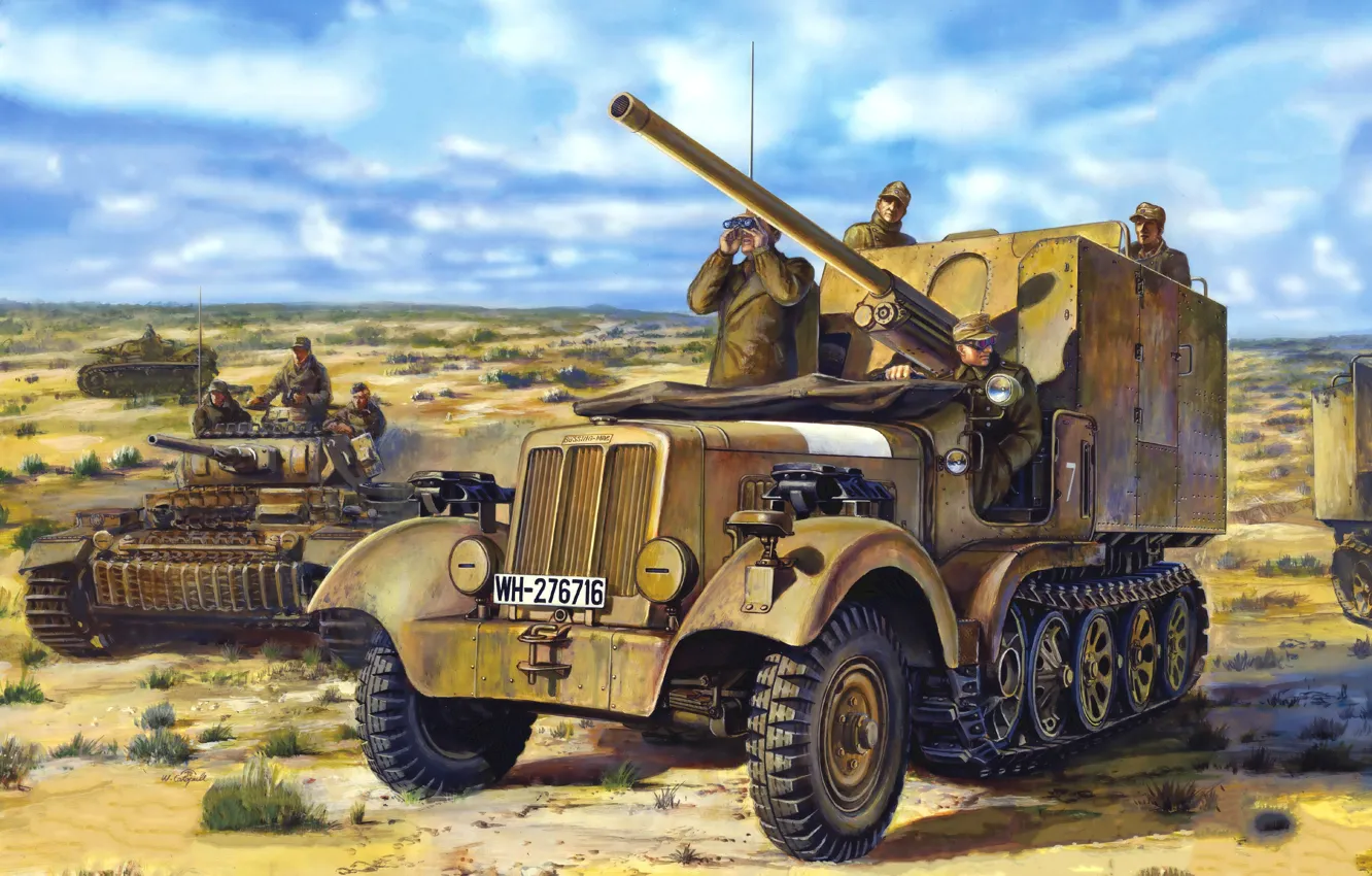 Фото обои рисунок, арт, солдаты, WW2, немецкая, Северная Африка, танк PzKpfw III (Т-III), 62 cm FK 36(r)