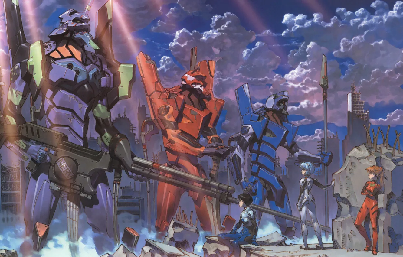 Фото обои роботы, евангелион, asuka, battle, unit 00, Evangelion, мехи, rei