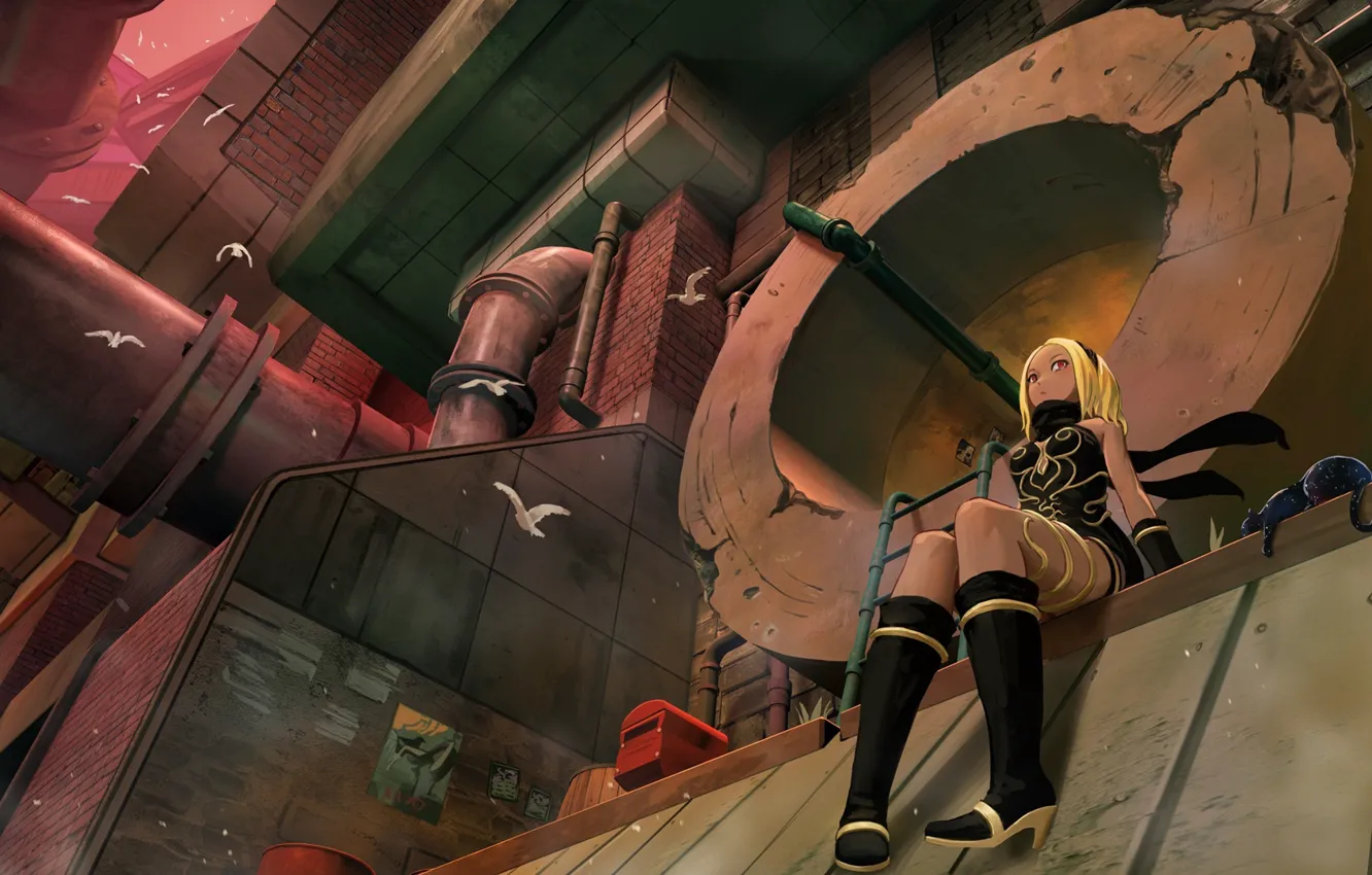 Фото обои кошка, кот, девушка, канализация, Gravity Rush