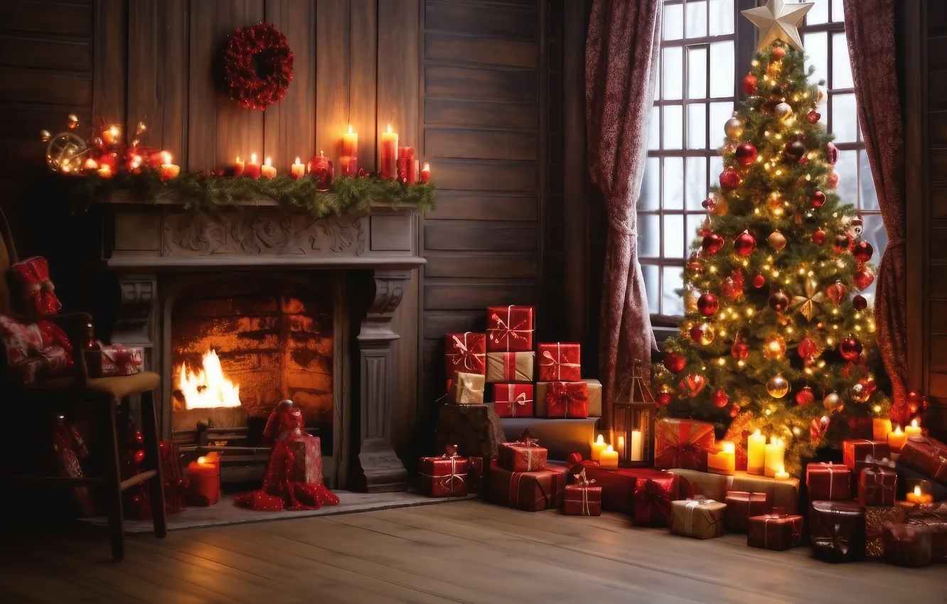 Фото обои комната, елка, интерьер, Рождество, Новый год, камин, Christmas, view