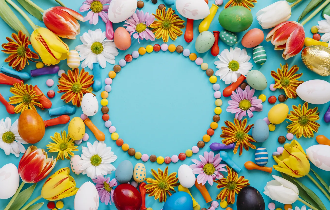 Фото обои шары, яйца, конфеты, пасха, Праздник, хризантемы