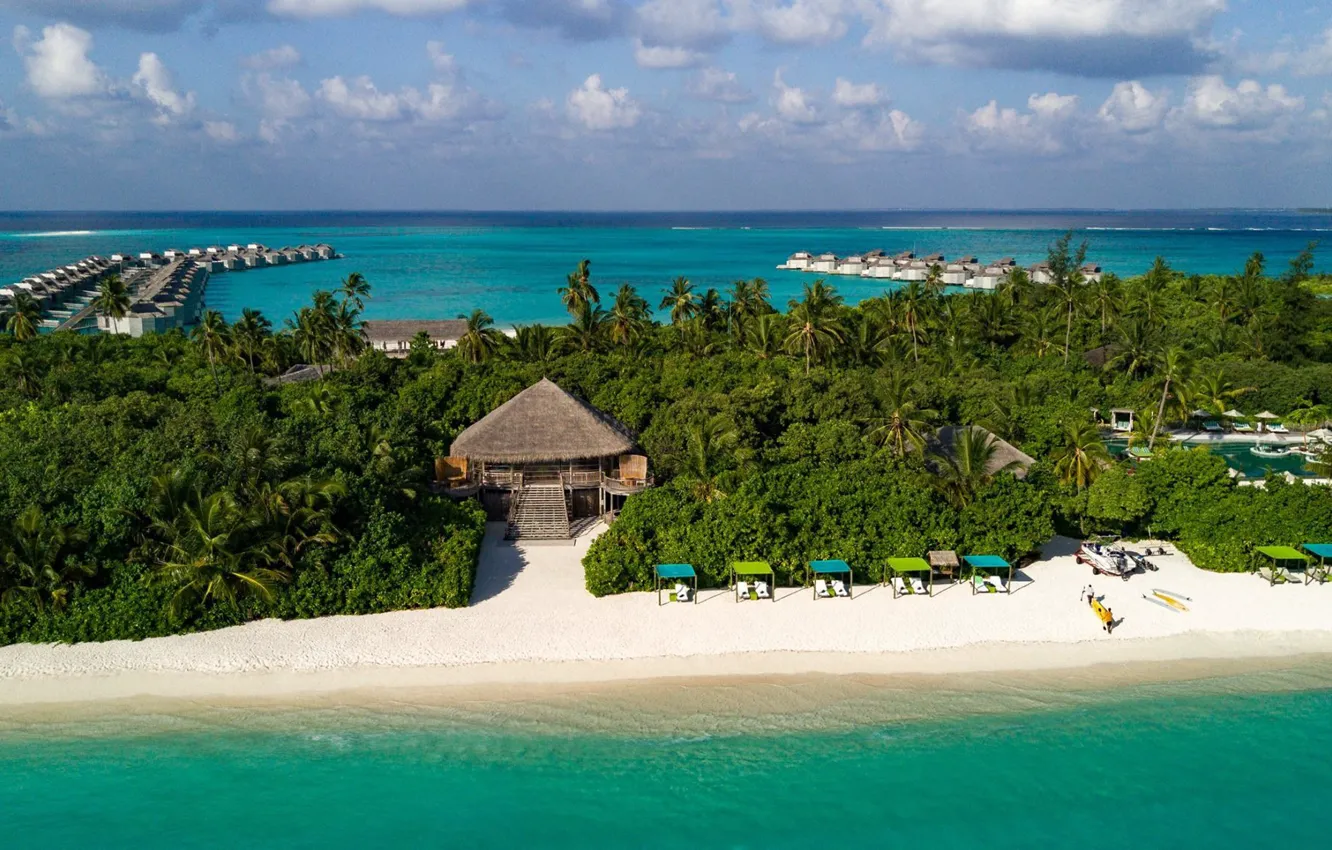 Фото обои пальмы, океан, курорт, лагуна, Сейшельские острова, бунгала, Seychellen, Six Senses Laamu