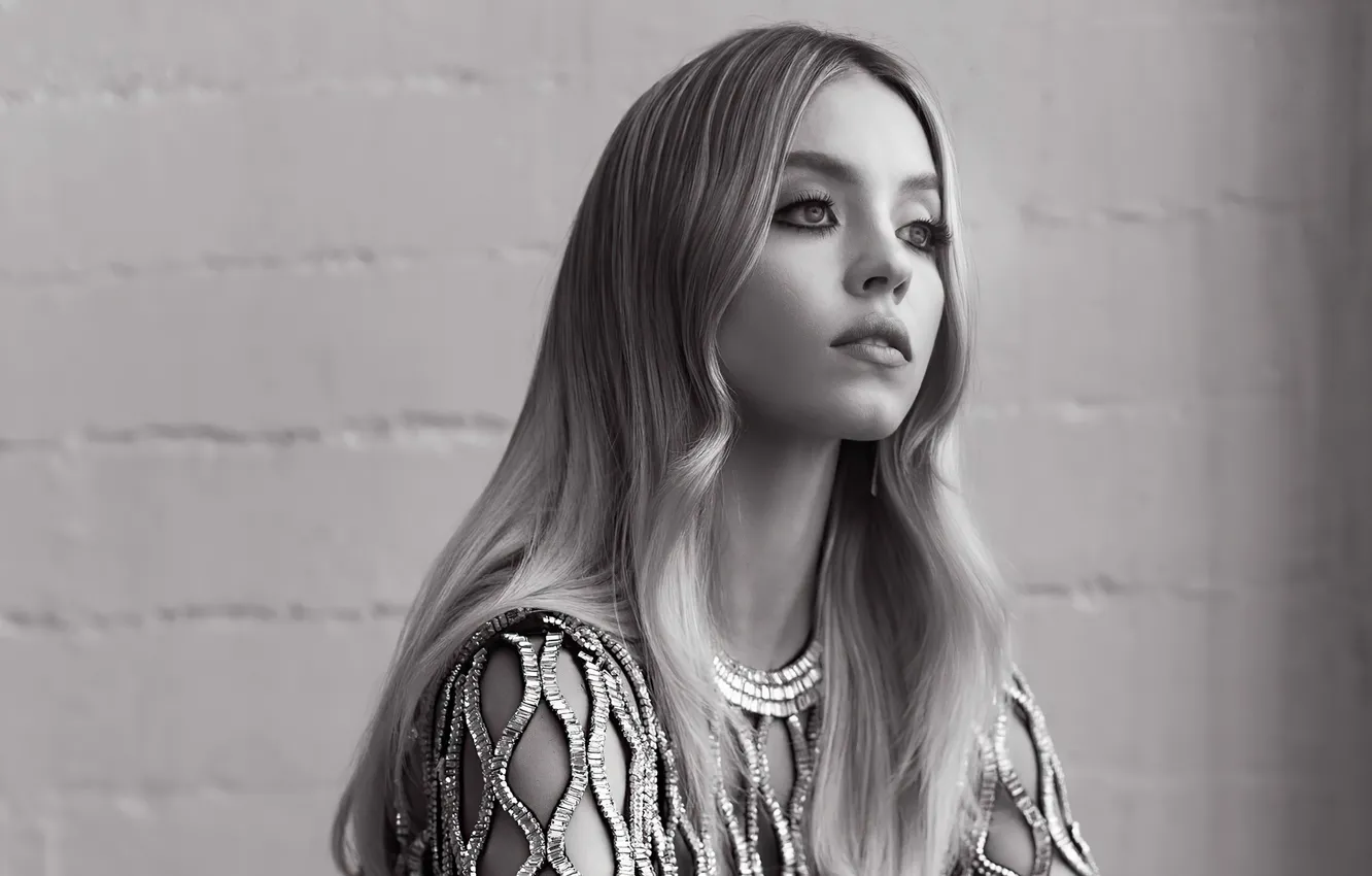 Фото обои взгляд, девушка, лицо, фото, черно-белое, Sydney Sweeney