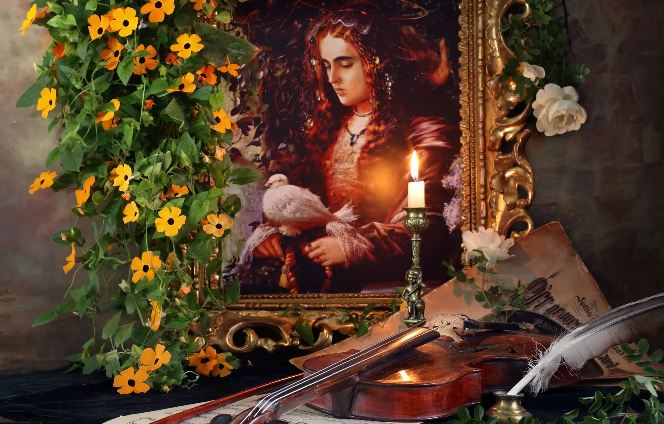 Фото обои цветы, ноты, перо, скрипка, свеча, картина, Андрей Морозов