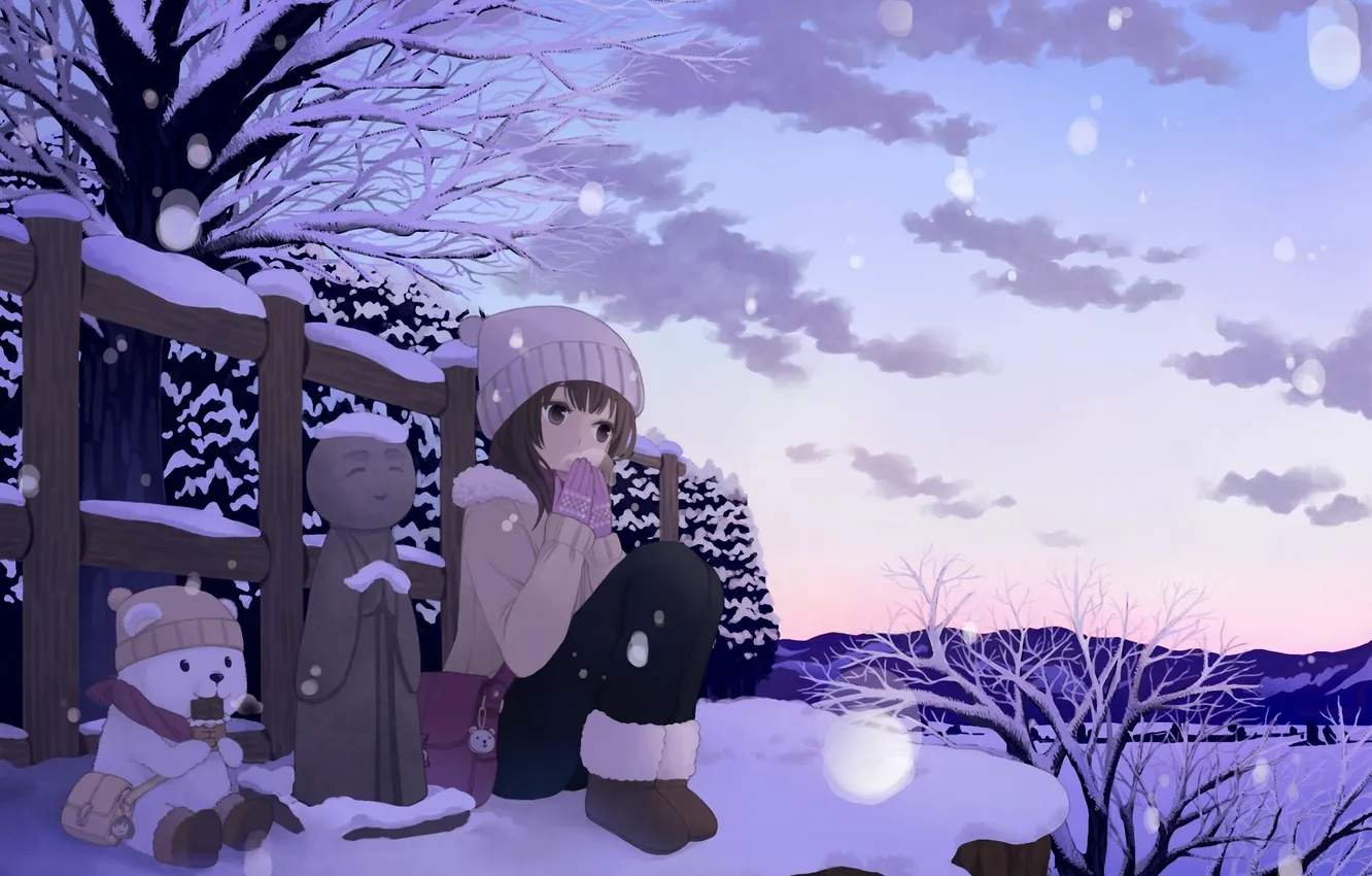 Фото обои зима, снег, забор, вечер, медведь, арт, девочка, fujino iro