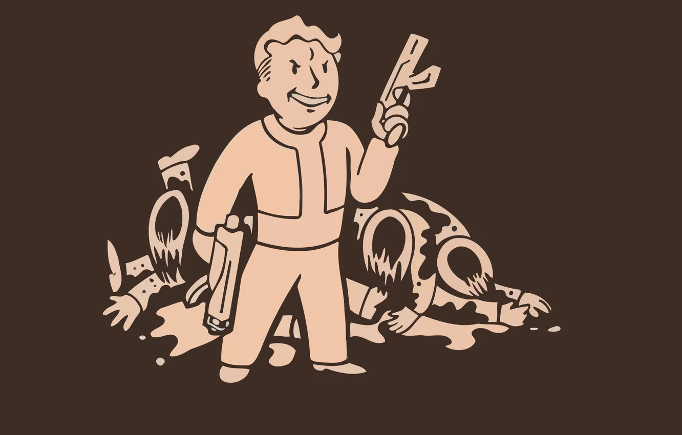 Фото обои пистолет, минимализм, Fallout, труп, vault boy, фоллаут, Волт-Бой