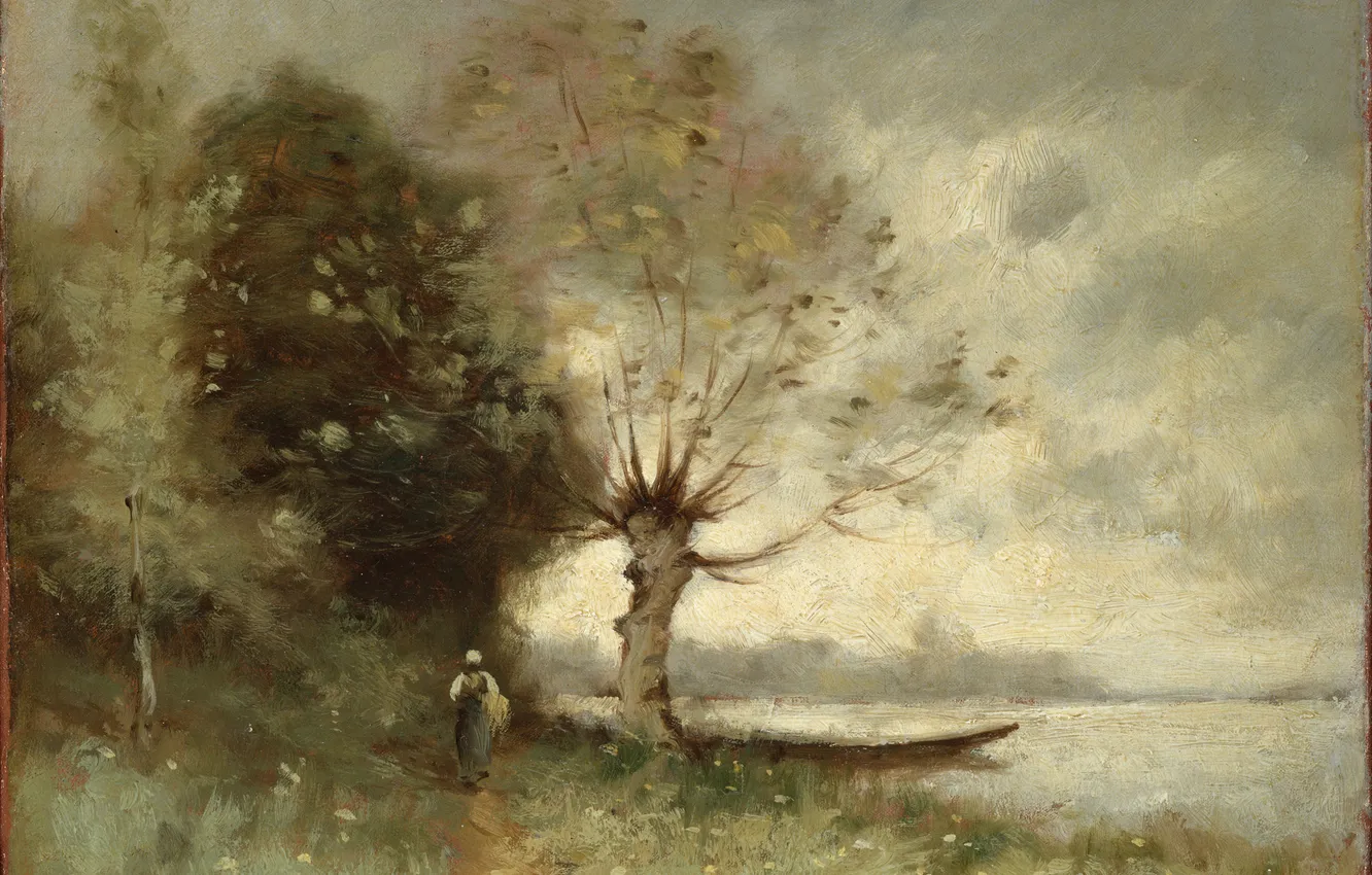 Фото обои девушка, дерево, картина, тропинка, Берег Луары около Шузе, Поль Дезире Труибер