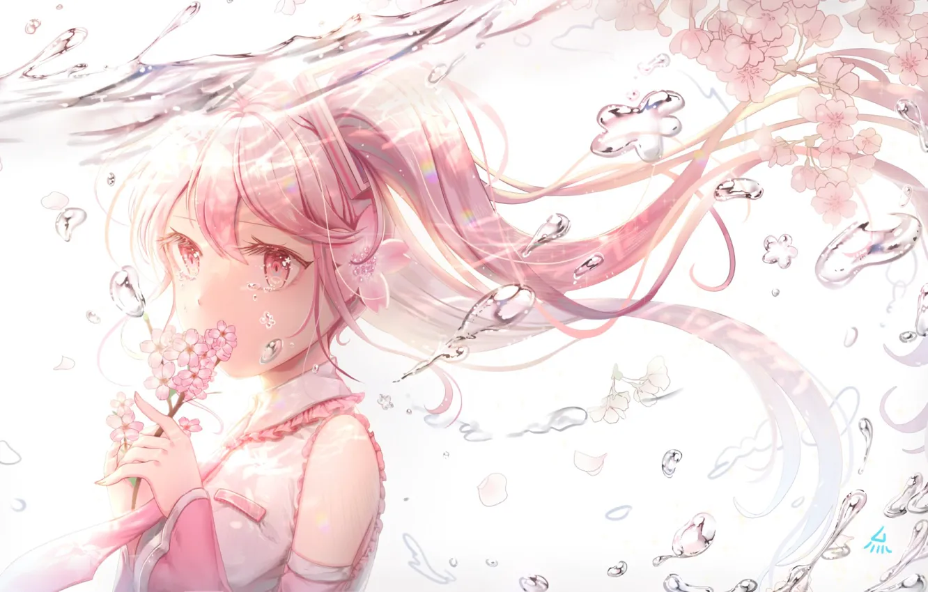 Фото обои девушка, цветы, пузыри, ветви, аниме, лепестки, сакура, слезы