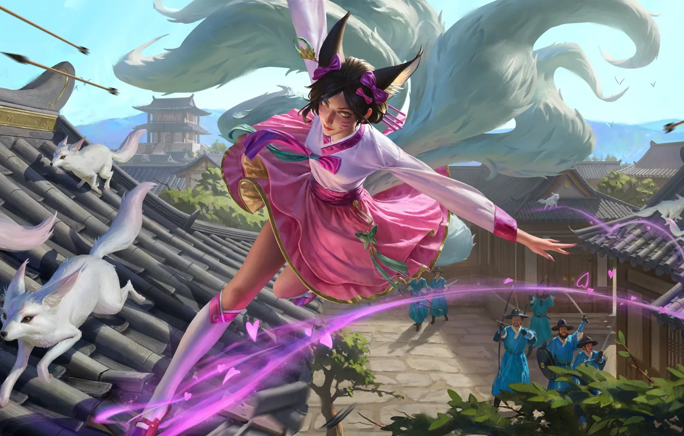 Фото обои сердечки, гольфы, стрелы, League of Legends, лучники, убегает, Ahri, Лига Легенд