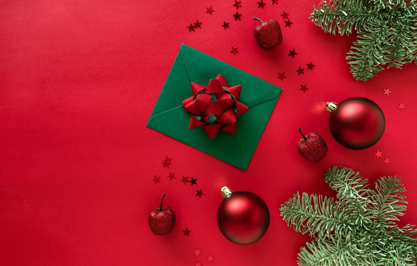 Фото обои зима, шарики, ветки, зеленый, праздник, шары, Рождество, красные