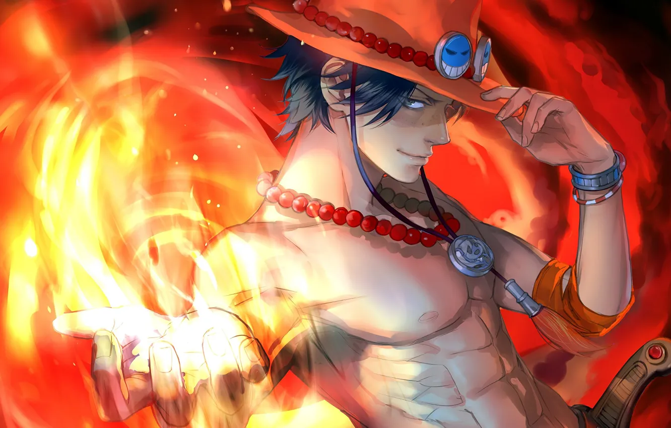 Фото обои огонь, шляпа, парень, One Piece
