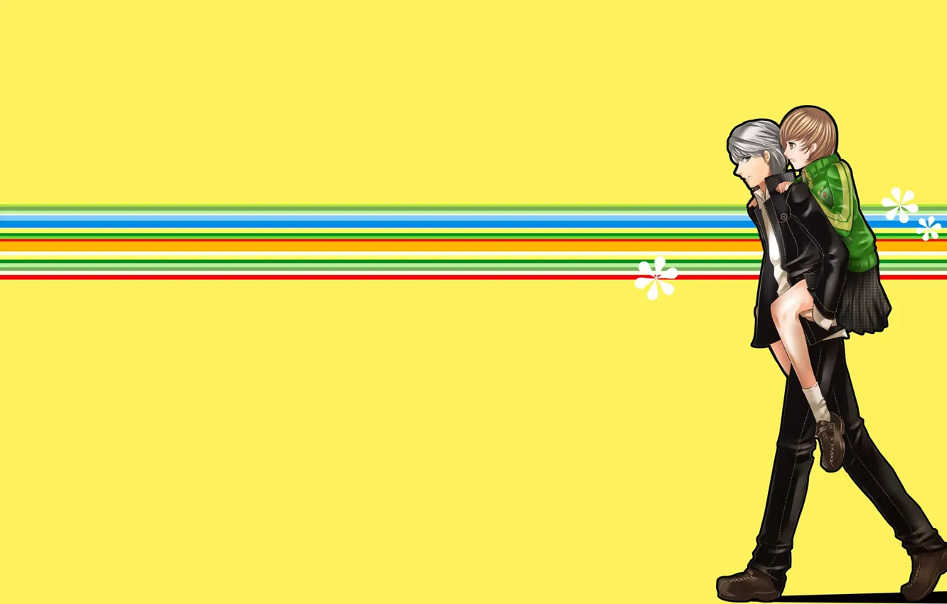 Фото обои девушка, линии, парень, Persona 4, жёлтый фон, несёт, Персона