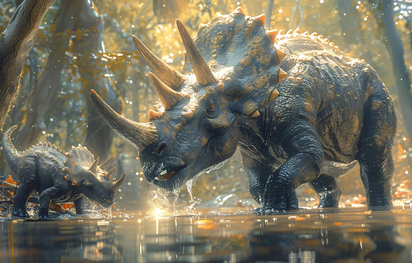 Фото обои Вода, Деревья, Детеныш, Двое, Рога, Животные, Triceratops, Цифровое искусство