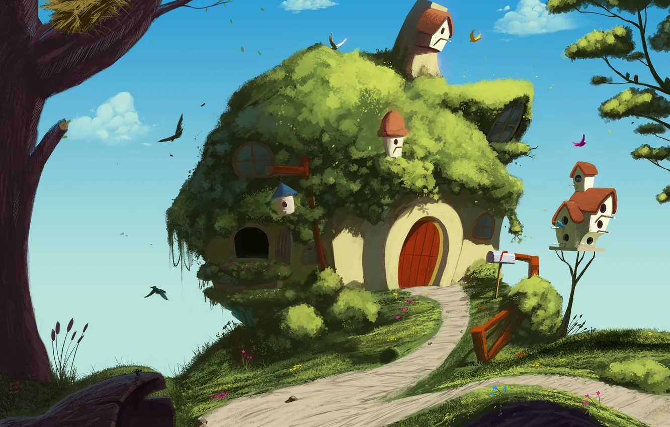 Фото обои деревья, птицы, дом, арт, дорожка, домик, скворечники