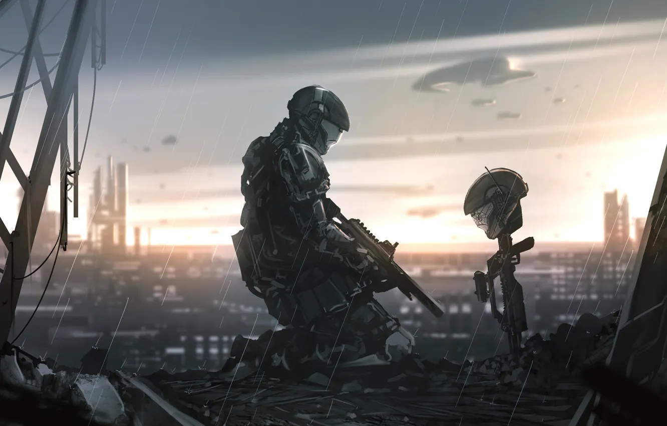 Фото обои дождь, солдат, шлем, Halo 3, Halo 3: ODST