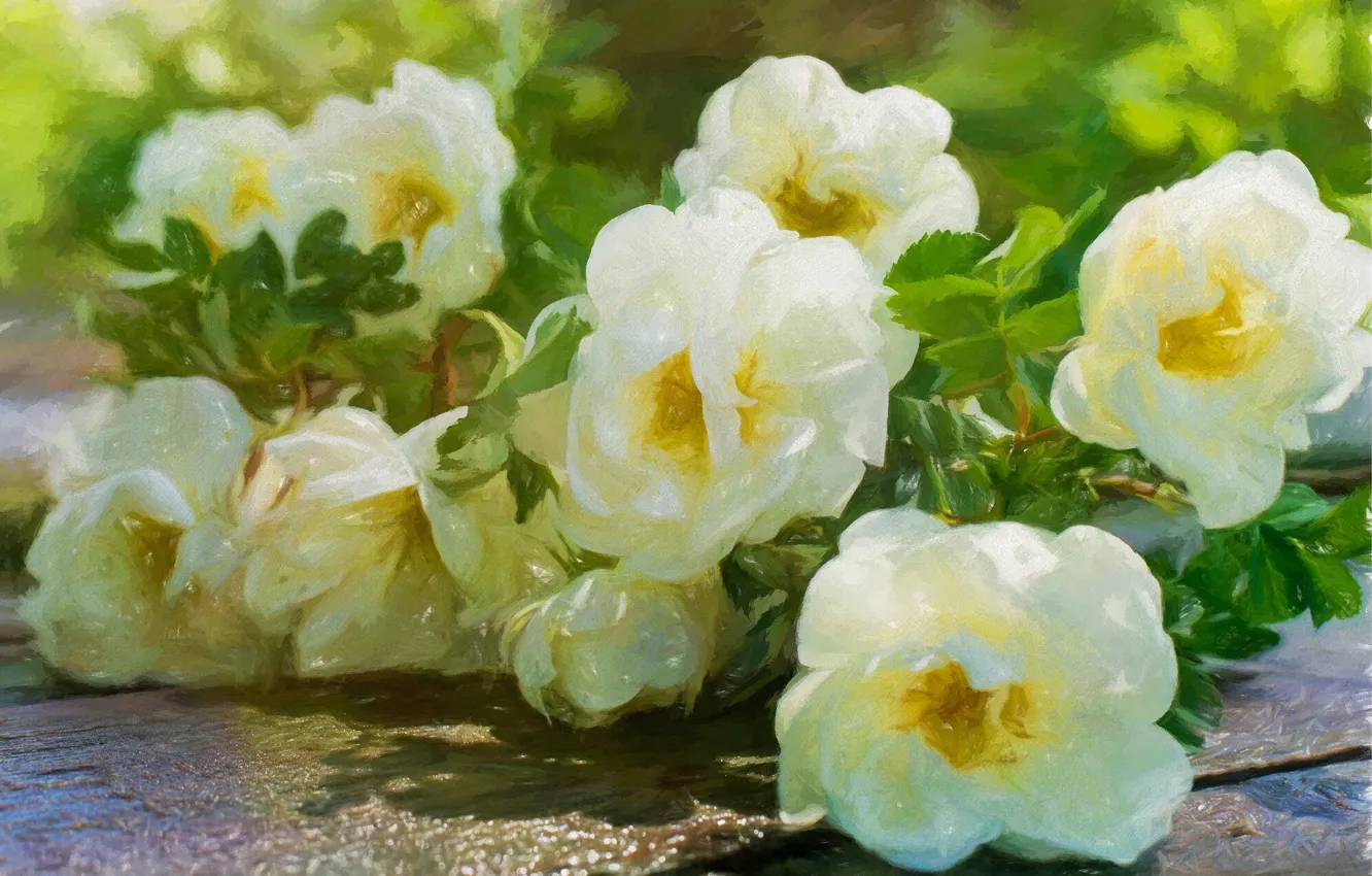 Фото обои листья, розы, белые, живопись