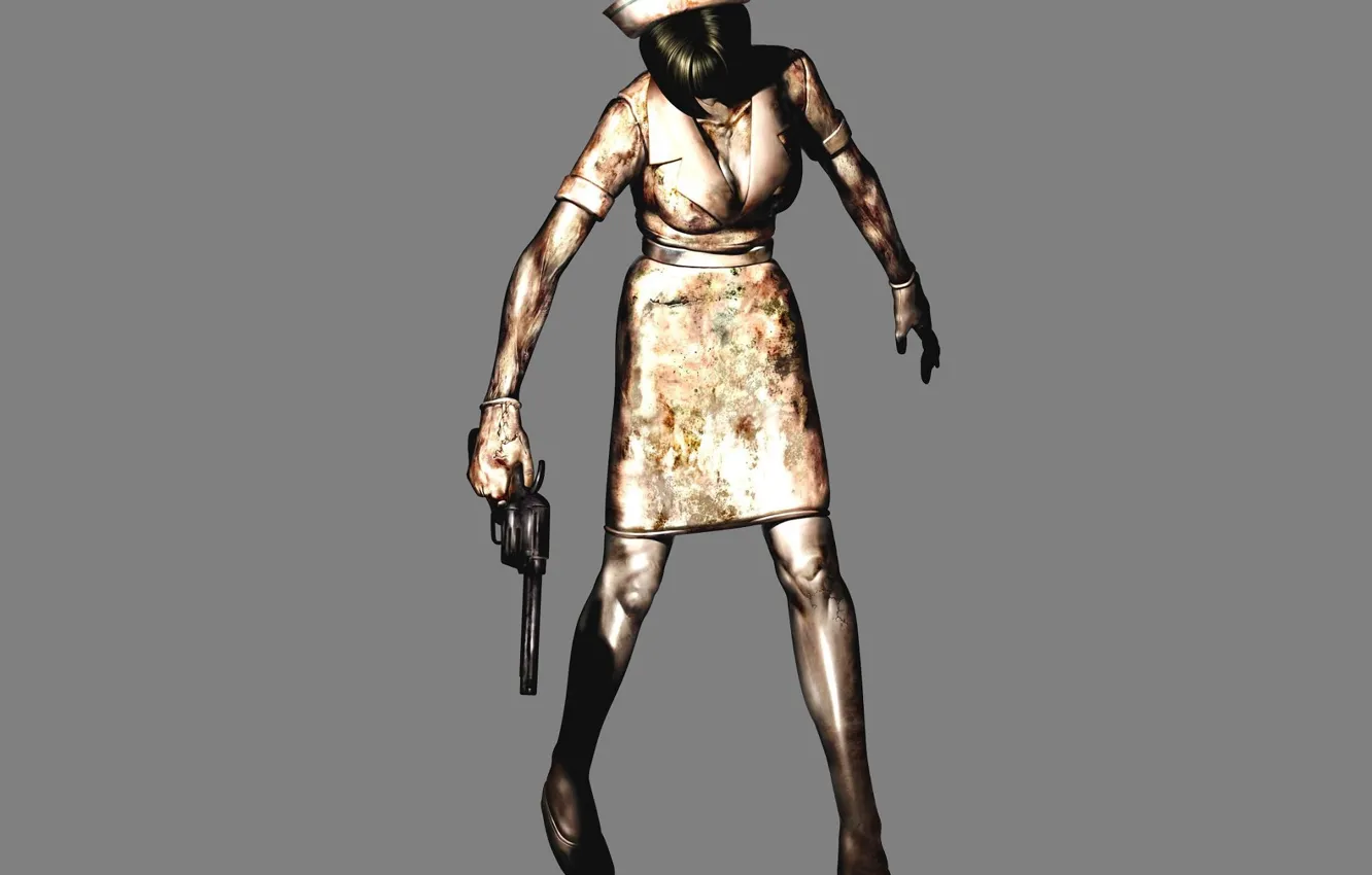 Фото обои пистолет, кровь, монстр, зомби, game, серый фон, медсестра, Silent Hill