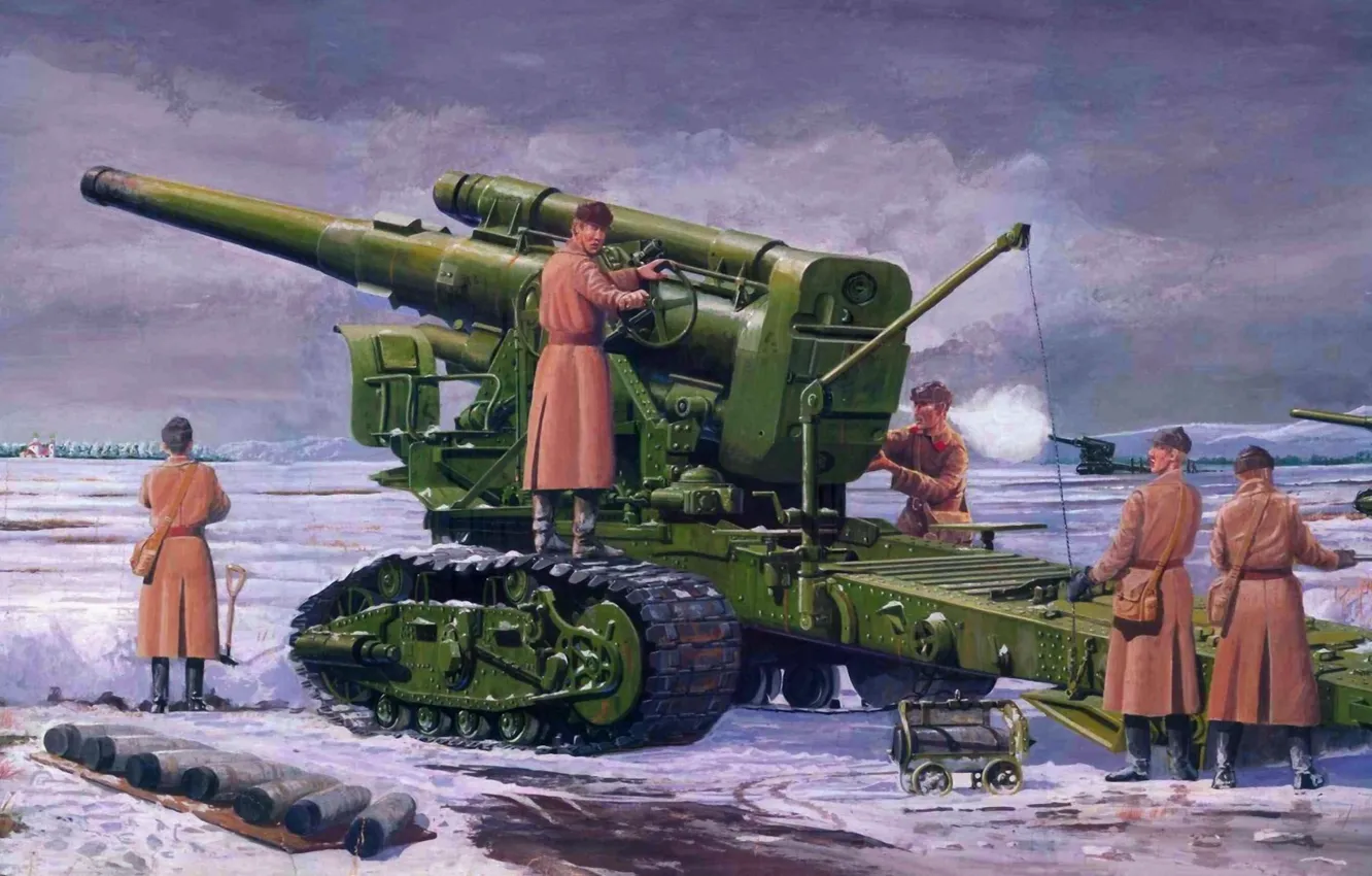 Фото обои большой, советская, бой., гаубица, калибра, ведет, 4 мм, Б-4