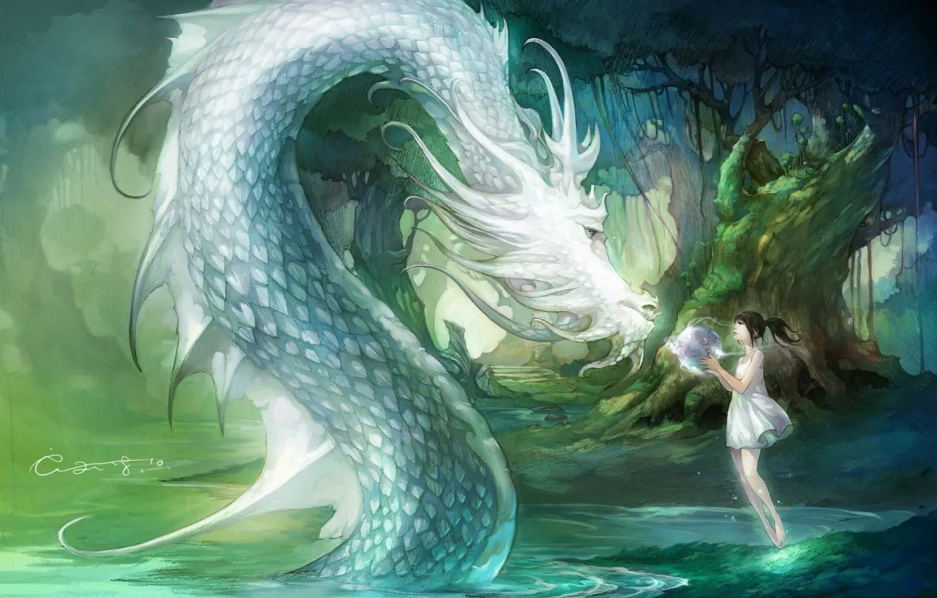 Фото обои вода, девушка, деревья, природа, дракон, шар, аниме, арт