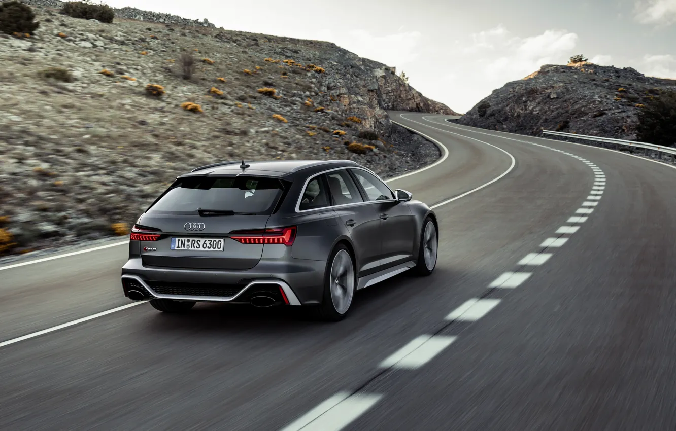 Фото обои дорога, Audi, универсал, RS 6, 2020, 2019, тёмно-серый, V8 Twin-Turbo