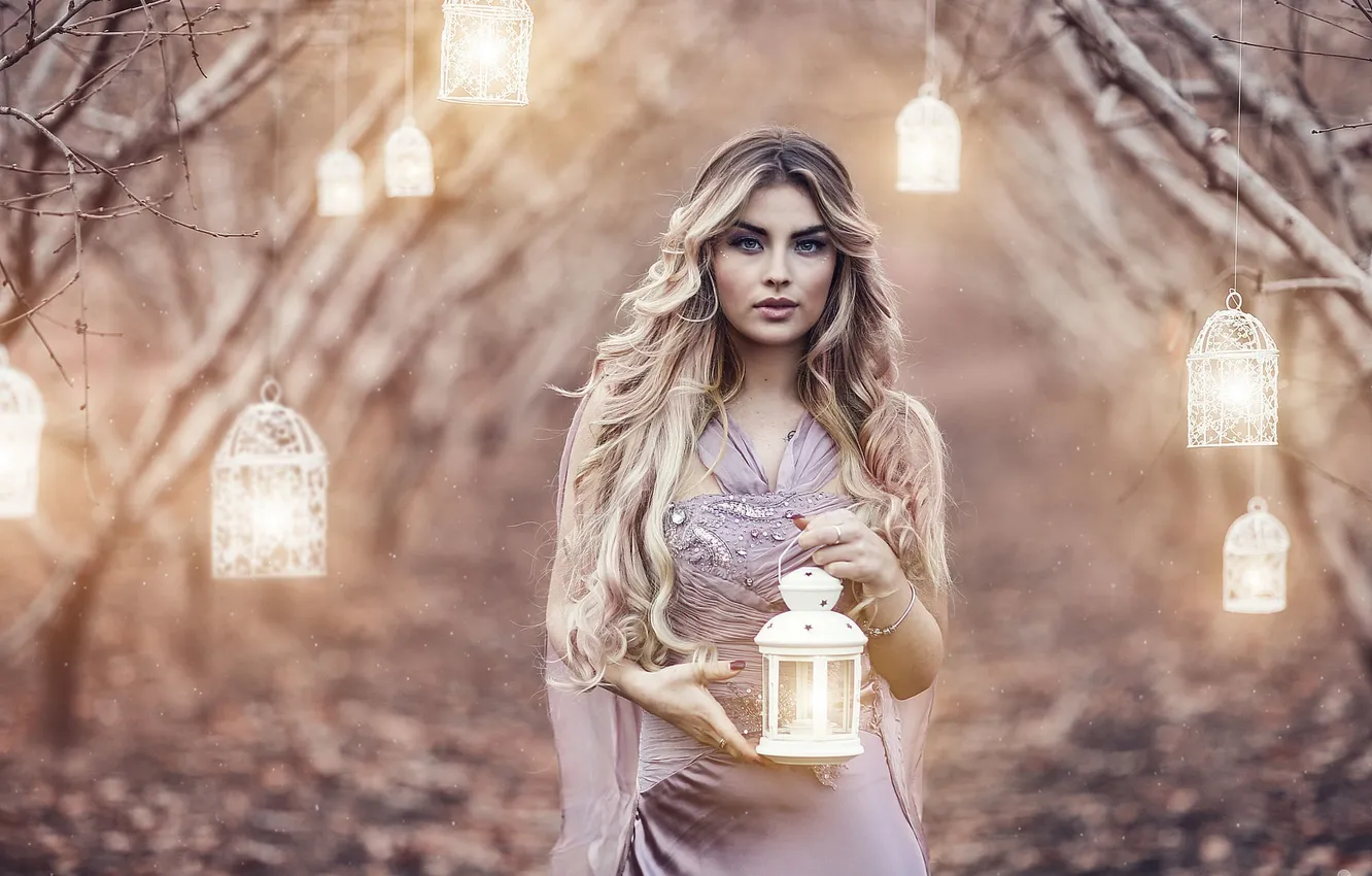 Фото обои девушка, свет, огни, лампы, фонарики, Alessandro Di Cicco, Magic Lanterns, Nahid