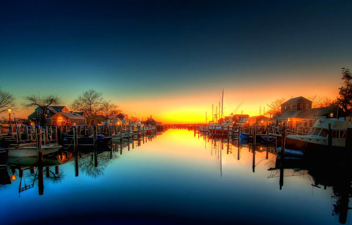 Фото обои небо, закат, лодка, яхта, катер, залив, канал