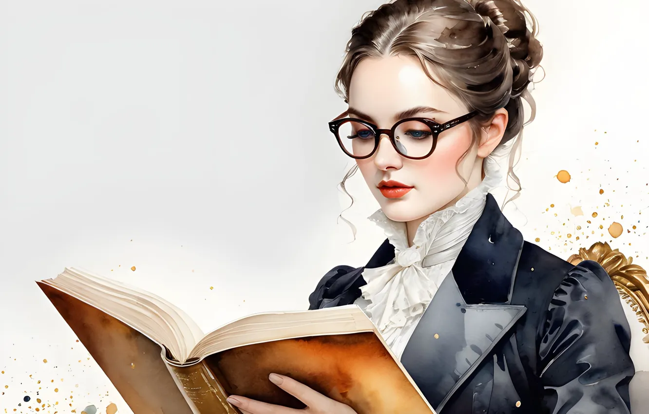Фото обои девушка, очки, белый фон, книга, кляксы, форма, живопись, студентка