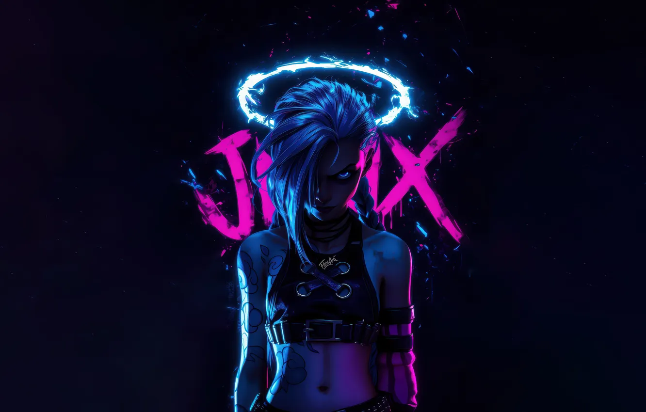 Фото обои Girl, LoL, Dark Background, Jinx, AI Art