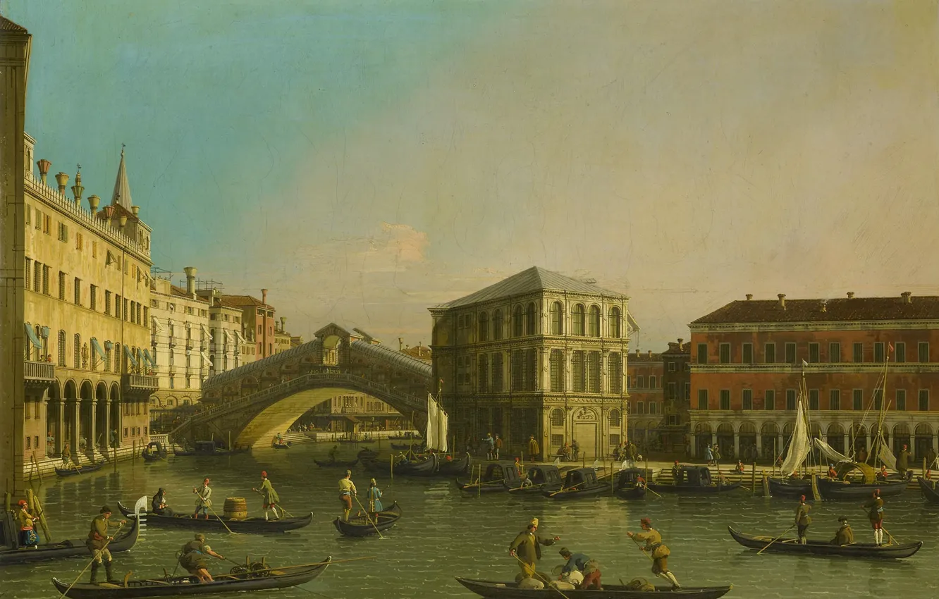 Фото обои картина, Венеция, городской пейзаж, Каналетто, Гранд-Канал. Мост Риальто и Дворец Фондако