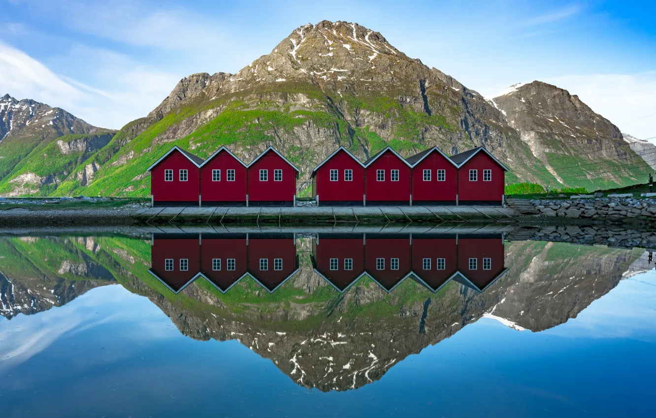 Фото обои горы, озеро, отражение, Норвегия, эллинги