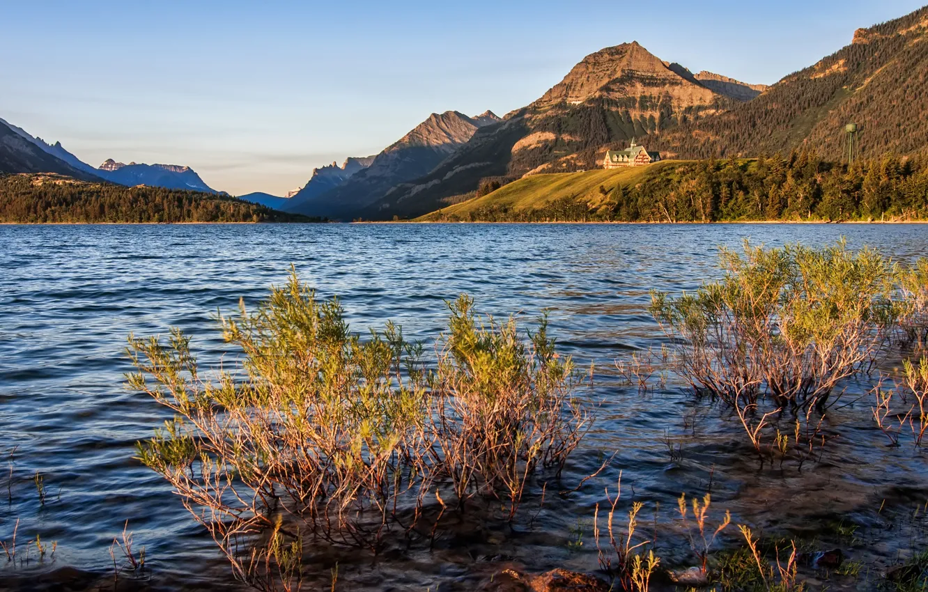 Фото обои лес, небо, деревья, закат, горы, озеро, Alberta, Canada