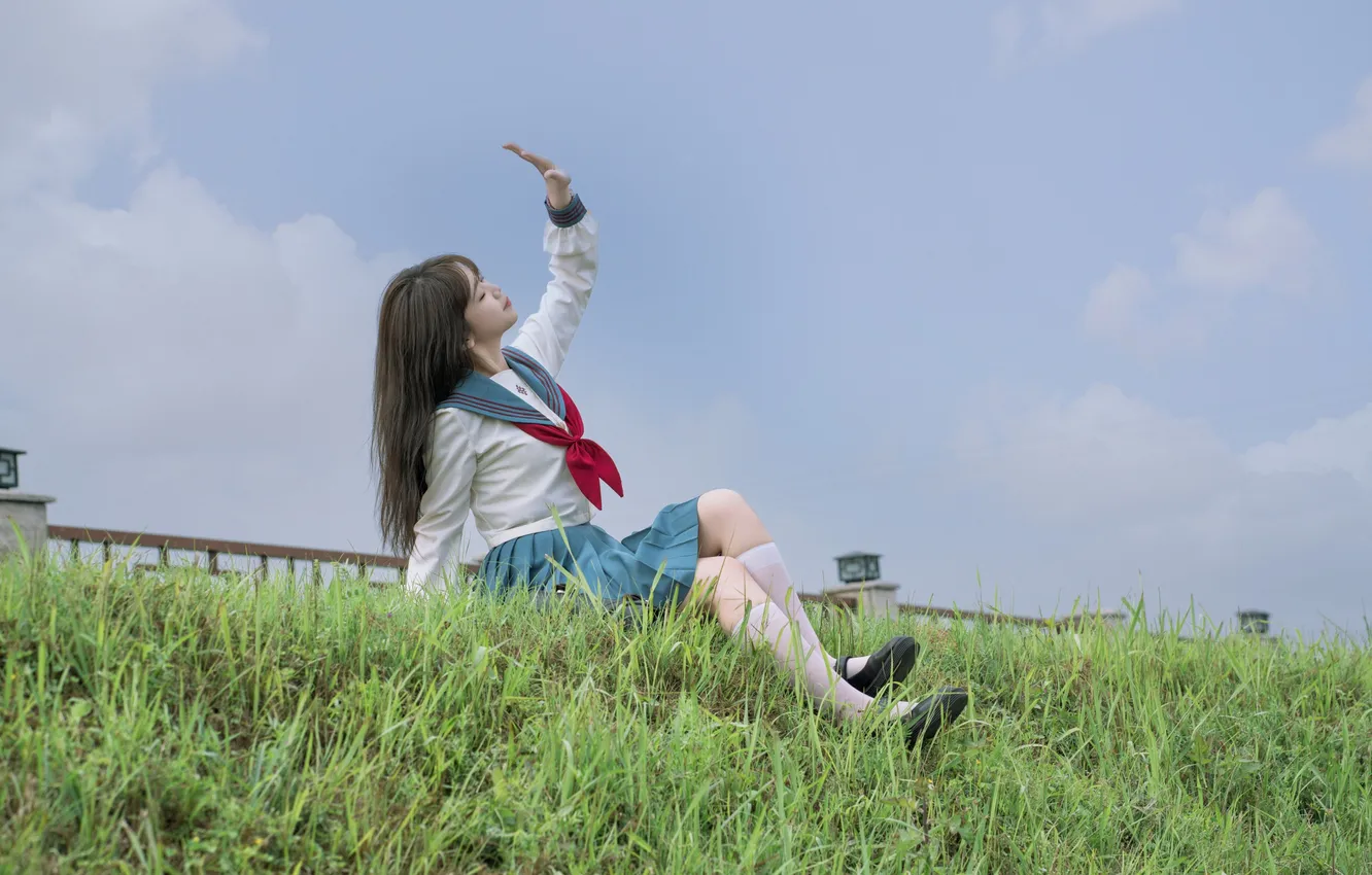 Фото обои Sky, Grass, Beautiful, Asian, Model, Smile, Woman, Cute