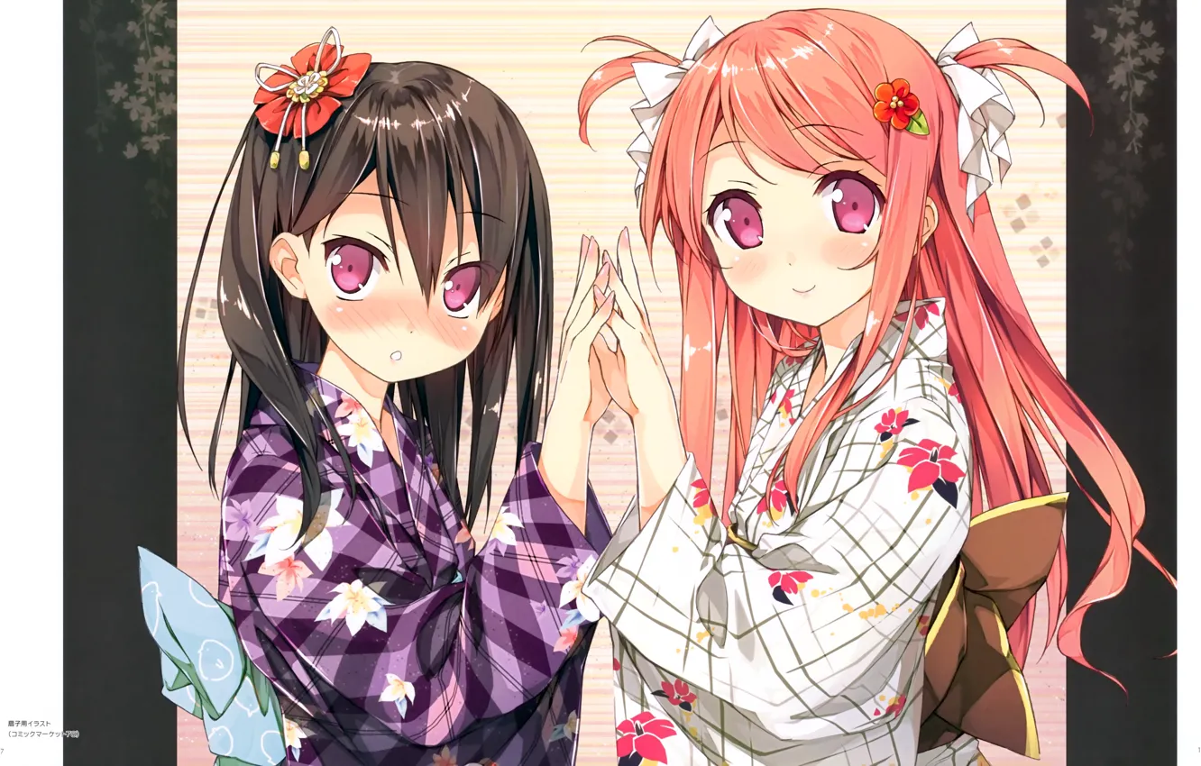 Фото обои юката, красные глаза, подруги, цветок в волосах, два хвостика, ладонями, две девочки, Kurumi